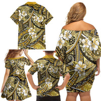 Polynesian Hibiscus Tropical Yellow Floral Family Matching Off Shoulder Short Dress and Hawaiian Shirt Tribal Pattern - Polynesian Pride