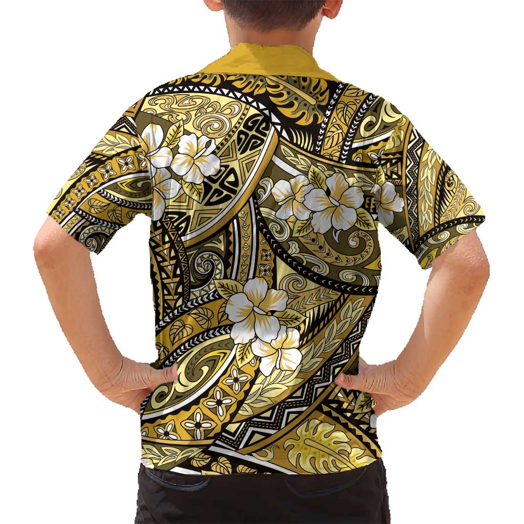 Polynesian Hibiscus Tropical Yellow Floral Family Matching Puletasi and Hawaiian Shirt Tribal Pattern - Polynesian Pride