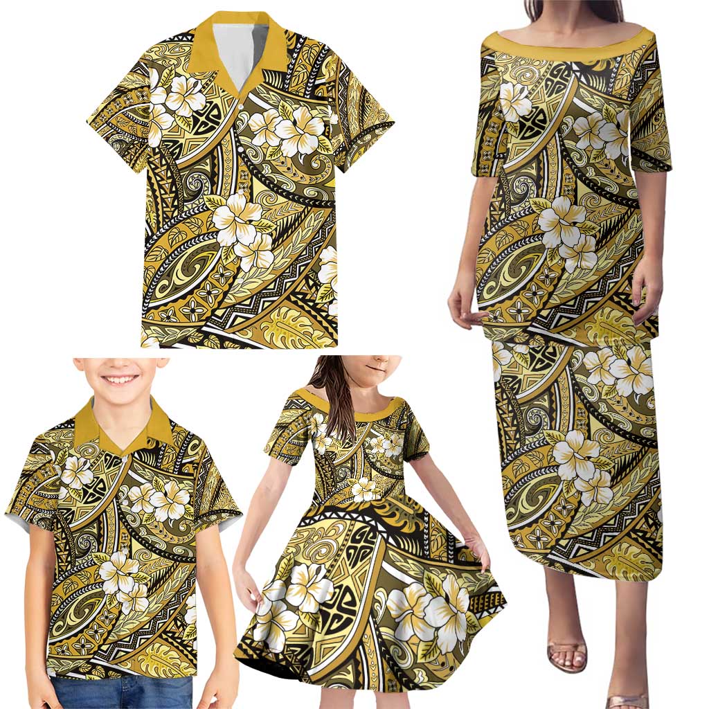 Polynesian Hibiscus Tropical Yellow Floral Family Matching Puletasi and Hawaiian Shirt Tribal Pattern - Polynesian Pride