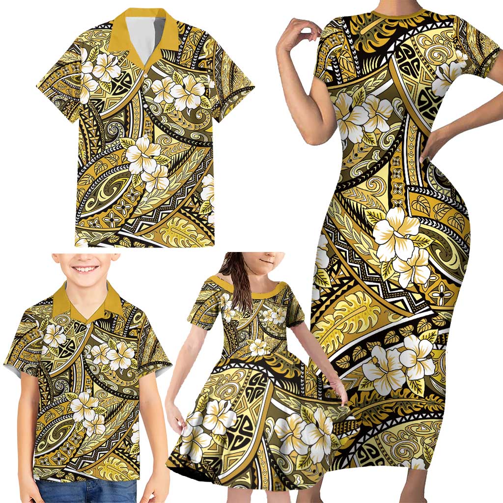Polynesian Hibiscus Tropical Yellow Floral Family Matching Short Sleeve Bodycon Dress and Hawaiian Shirt Tribal Pattern - Polynesian Pride