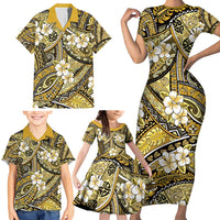 Polynesian Hibiscus Tropical Yellow Floral Family Matching Short Sleeve Bodycon Dress and Hawaiian Shirt Tribal Pattern - Polynesian Pride