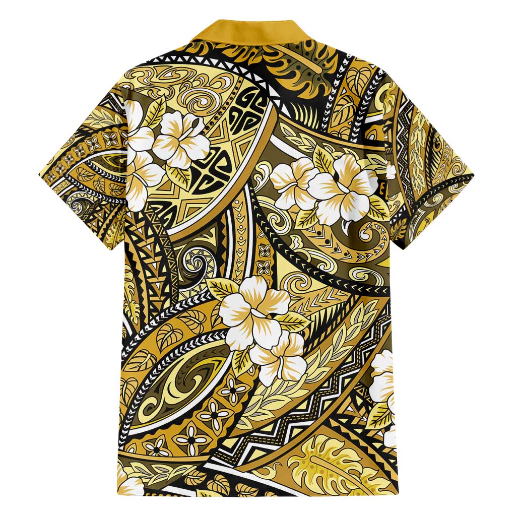 Polynesian Hibiscus Tropical Yellow Floral Family Matching Short Sleeve Bodycon Dress and Hawaiian Shirt Tribal Pattern - Polynesian Pride