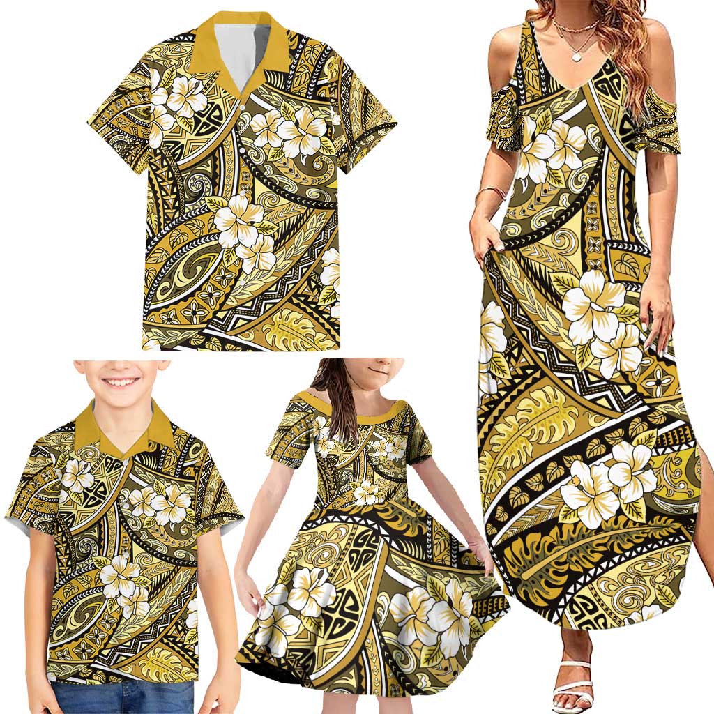 Polynesian Hibiscus Tropical Yellow Floral Family Matching Summer Maxi Dress and Hawaiian Shirt Tribal Pattern - Polynesian Pride