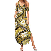 Polynesian Hibiscus Tropical Yellow Floral Family Matching Summer Maxi Dress and Hawaiian Shirt Tribal Pattern - Polynesian Pride