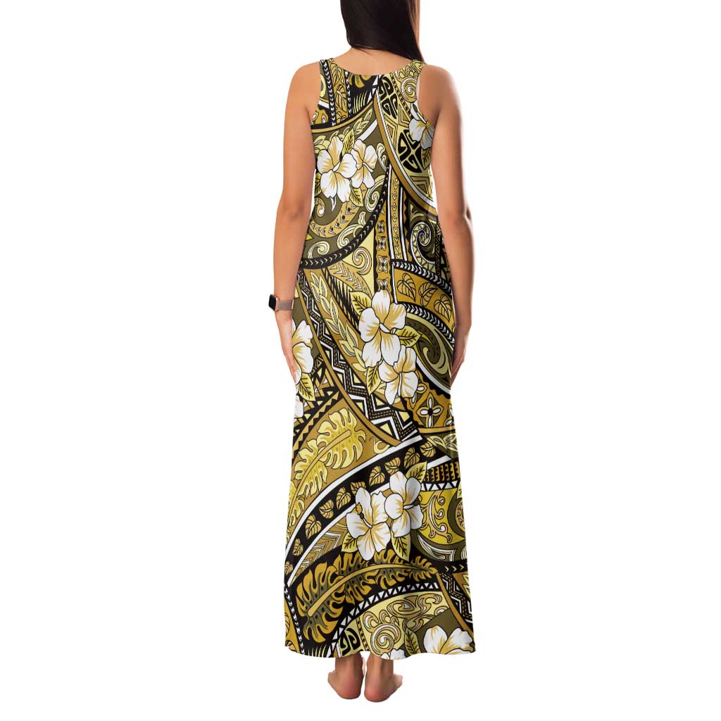 Polynesian Hibiscus Tropical Yellow Floral Family Matching Tank Maxi Dress and Hawaiian Shirt Tribal Pattern - Polynesian Pride