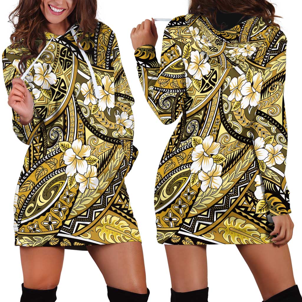 Polynesian Hibiscus Tropical Yellow Floral Hoodie Dress Tribal Pattern LT01 - Polynesian Pride
