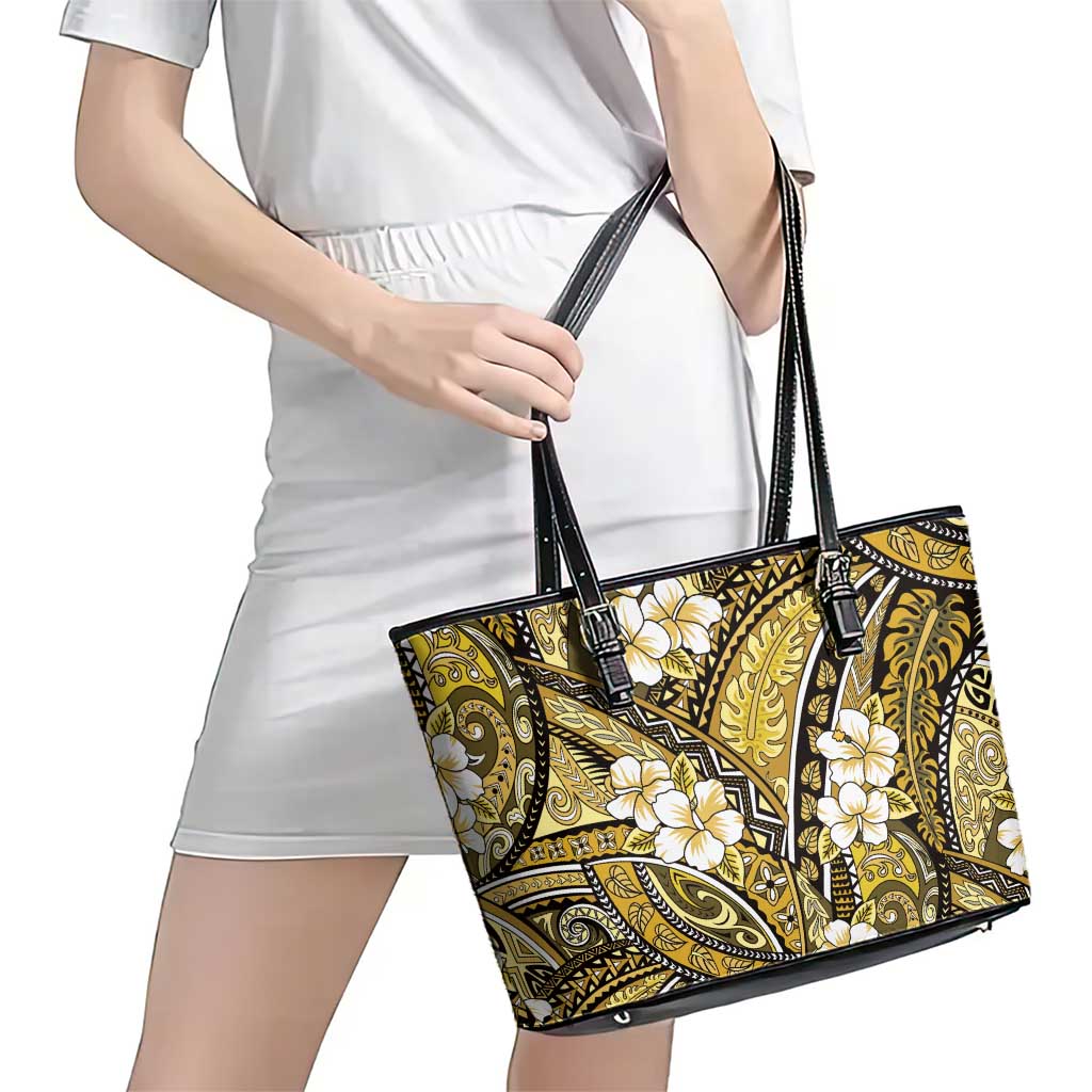 Polynesian Hibiscus Tropical Yellow Floral Leather Tote Bag Tribal Pattern - Polynesian Pride
