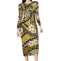 Polynesian Hibiscus Tropical Yellow Floral Long Sleeve Bodycon Dress Tribal Pattern - Polynesian Pride