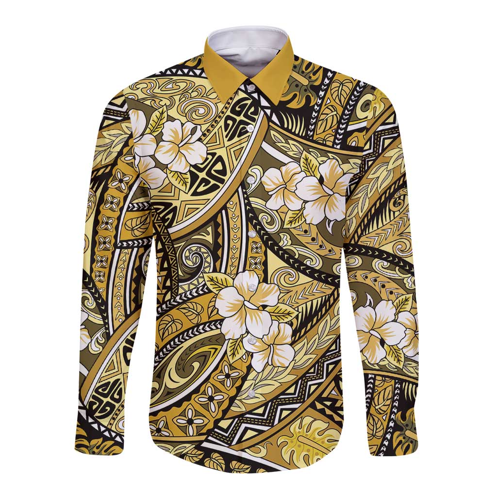 Polynesian Hibiscus Tropical Yellow Floral Long Sleeve Button Shirt Tribal Pattern LT01 Unisex Yellow - Polynesian Pride