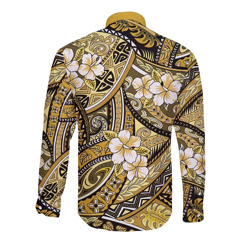 Polynesian Hibiscus Tropical Yellow Floral Long Sleeve Button Shirt Tribal Pattern LT01 - Polynesian Pride