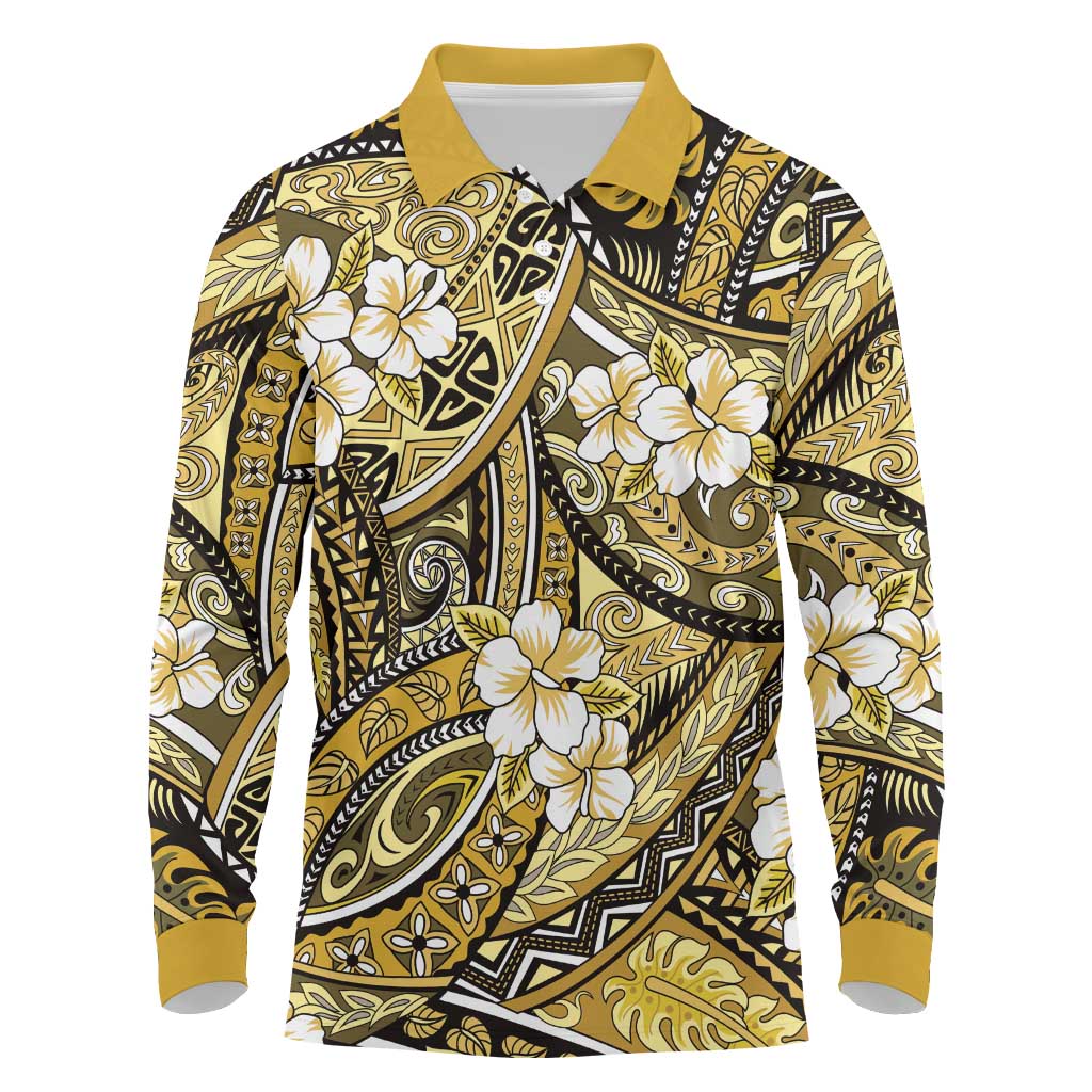 Polynesian Hibiscus Tropical Yellow Floral Long Sleeve Polo Shirt Tribal Pattern LT01 Yellow - Polynesian Pride