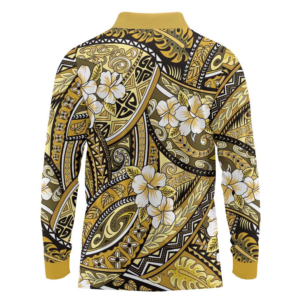 Polynesian Hibiscus Tropical Yellow Floral Long Sleeve Polo Shirt Tribal Pattern LT01 - Polynesian Pride