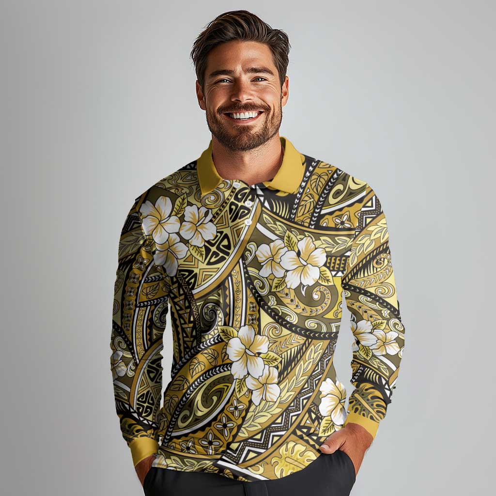 Polynesian Hibiscus Tropical Yellow Floral Long Sleeve Polo Shirt Tribal Pattern LT01 - Polynesian Pride
