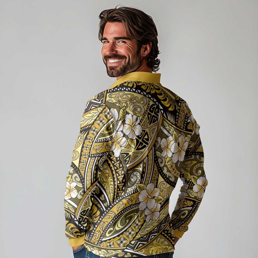 Polynesian Hibiscus Tropical Yellow Floral Long Sleeve Polo Shirt Tribal Pattern LT01 - Polynesian Pride