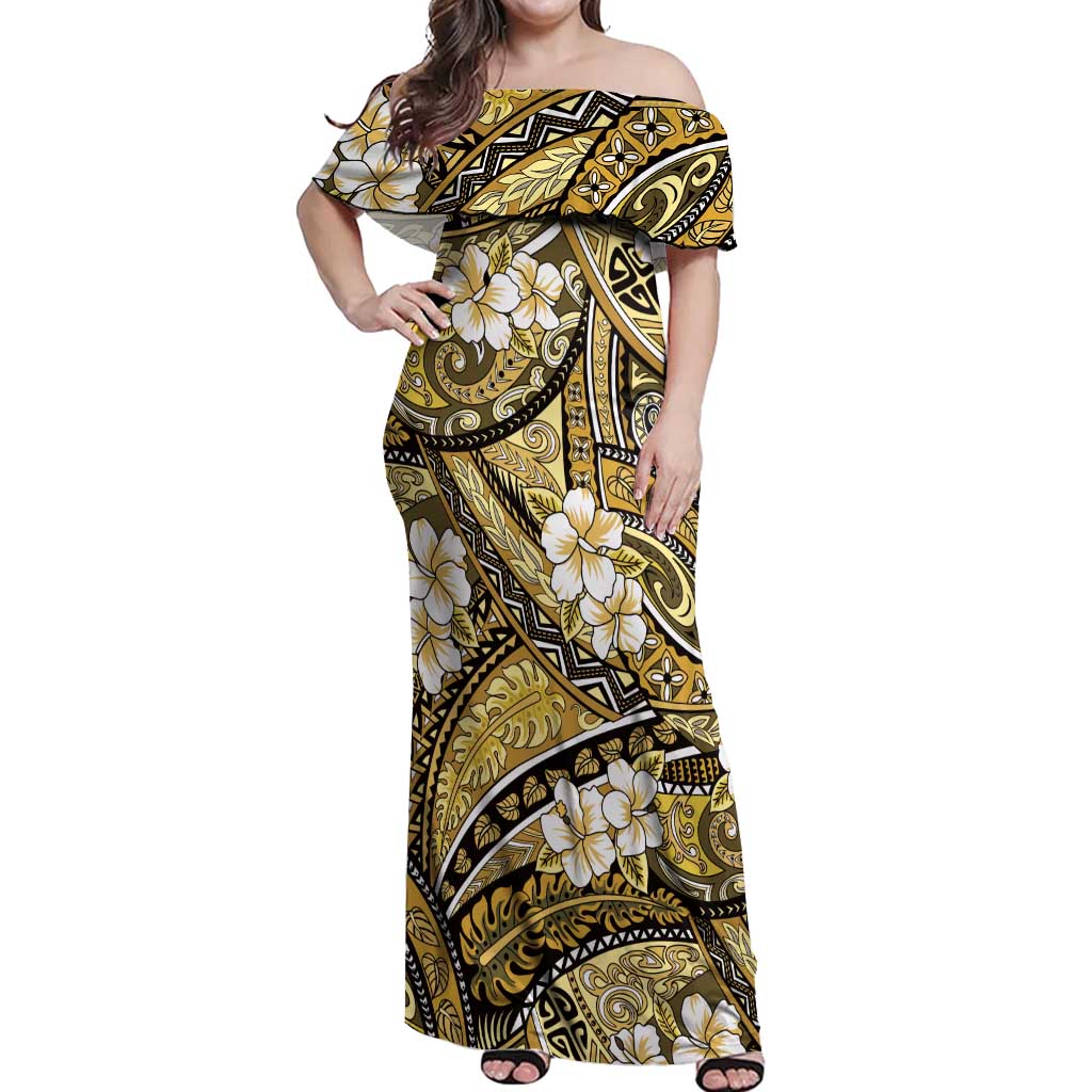 Polynesian Hibiscus Tropical Yellow Floral Off Shoulder Maxi Dress Tribal Pattern LT01 Women Yellow - Polynesian Pride