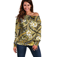 Polynesian Hibiscus Tropical Yellow Floral Off Shoulder Sweater Tribal Pattern - Polynesian Pride