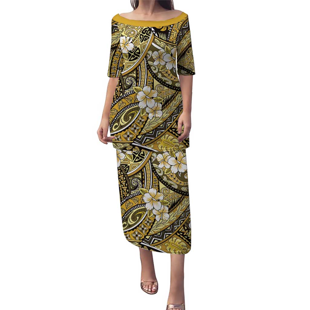 Polynesian Hibiscus Tropical Yellow Floral Puletasi Tribal Pattern LT01 Long Dress Yellow - Polynesian Pride