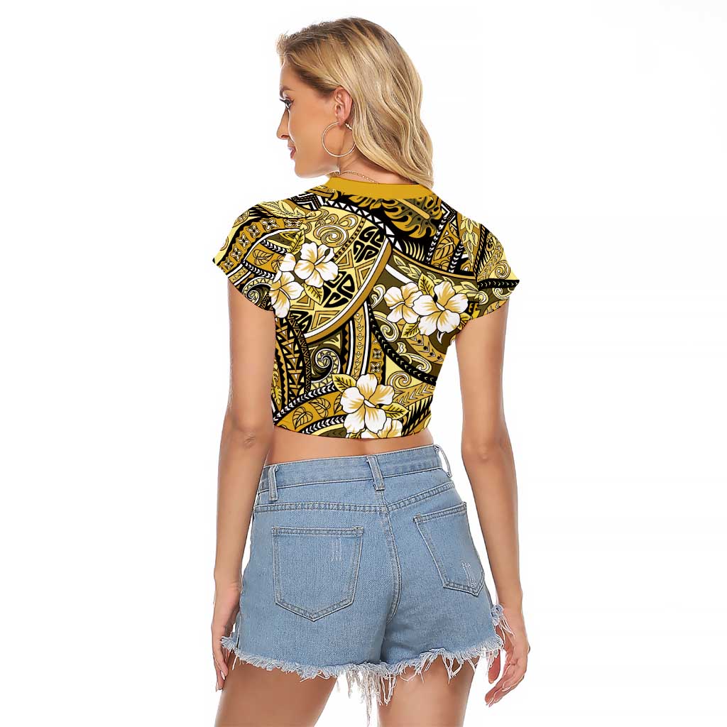 Polynesian Hibiscus Tropical Yellow Floral Raglan Cropped T Shirt Tribal Pattern - Polynesian Pride