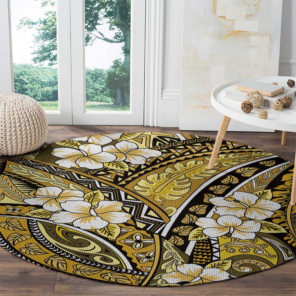 Polynesian Hibiscus Tropical Yellow Floral Round Carpet Tribal Pattern - Polynesian Pride