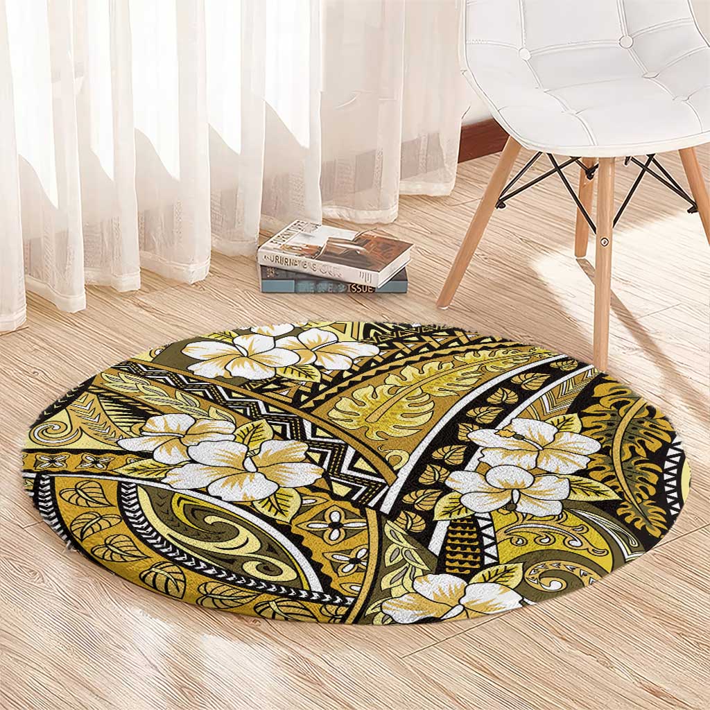 Polynesian Hibiscus Tropical Yellow Floral Round Carpet Tribal Pattern - Polynesian Pride