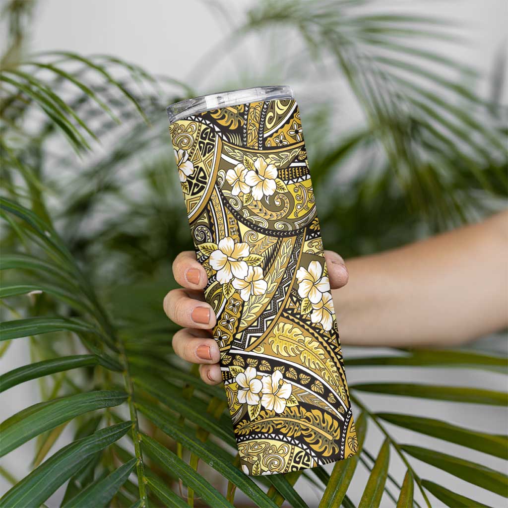 Polynesian Hibiscus Tropical Yellow Floral Skinny Tumbler Tribal Pattern - Polynesian Pride