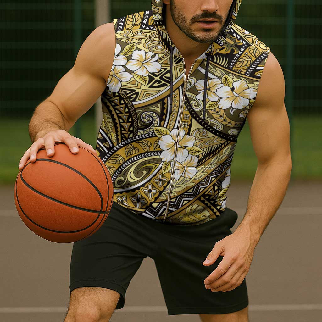 Polynesian Hibiscus Tropical Yellow Floral Sleeveless Zip Hoodie Tribal Pattern - Polynesian Pride