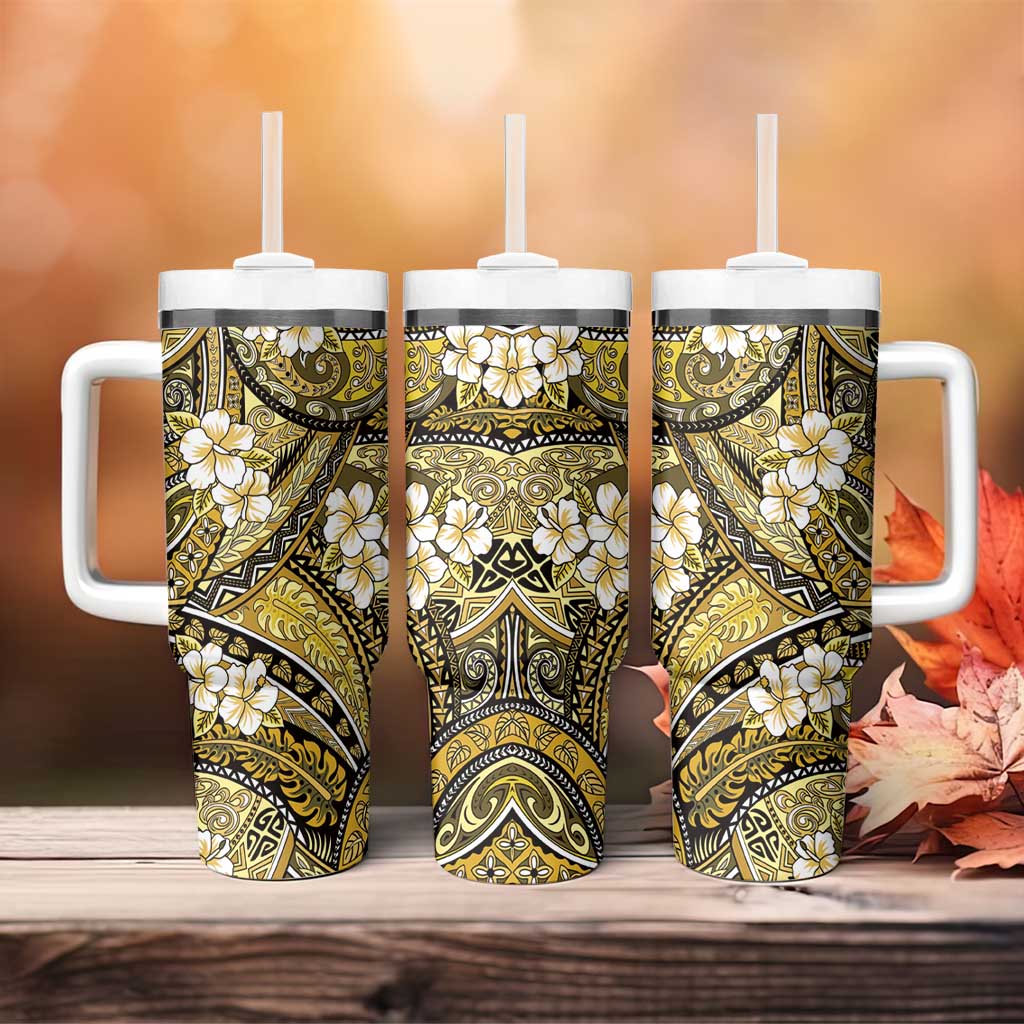 Polynesian Hibiscus Tropical Yellow Floral Tumbler With Handle Tribal Pattern - Polynesian Pride