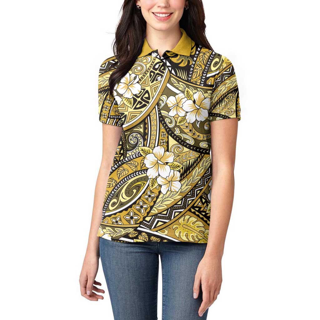 Polynesian Hibiscus Tropical Yellow Floral Women Polo Shirt Tribal Pattern - Polynesian Pride