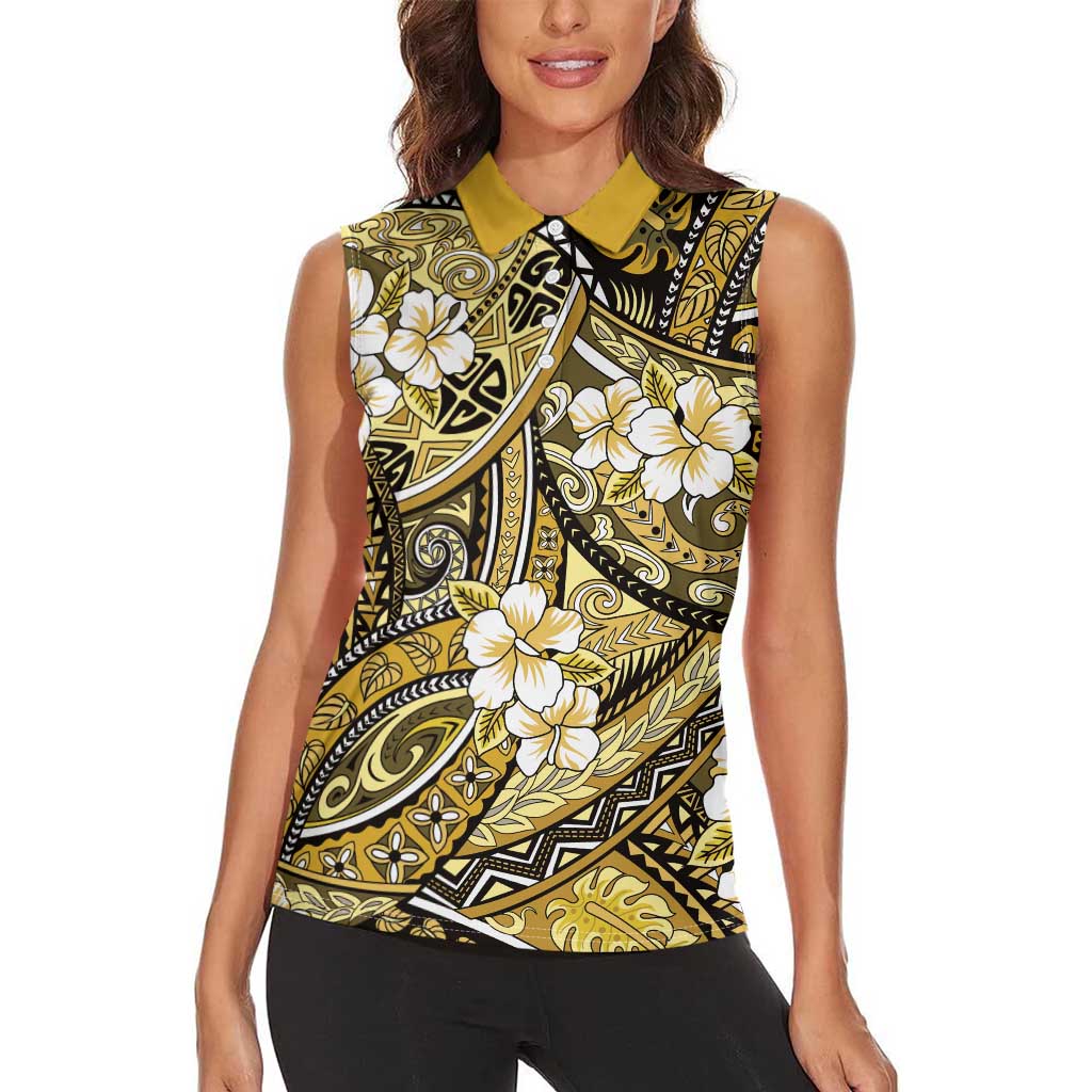 Polynesian Hibiscus Tropical Yellow Floral Women Sleeveless Polo Shirt Tribal Pattern LT01 - Polynesian Pride