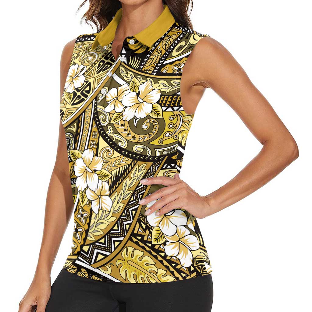 Polynesian Hibiscus Tropical Yellow Floral Women Sleeveless Polo Shirt Tribal Pattern LT01 - Polynesian Pride