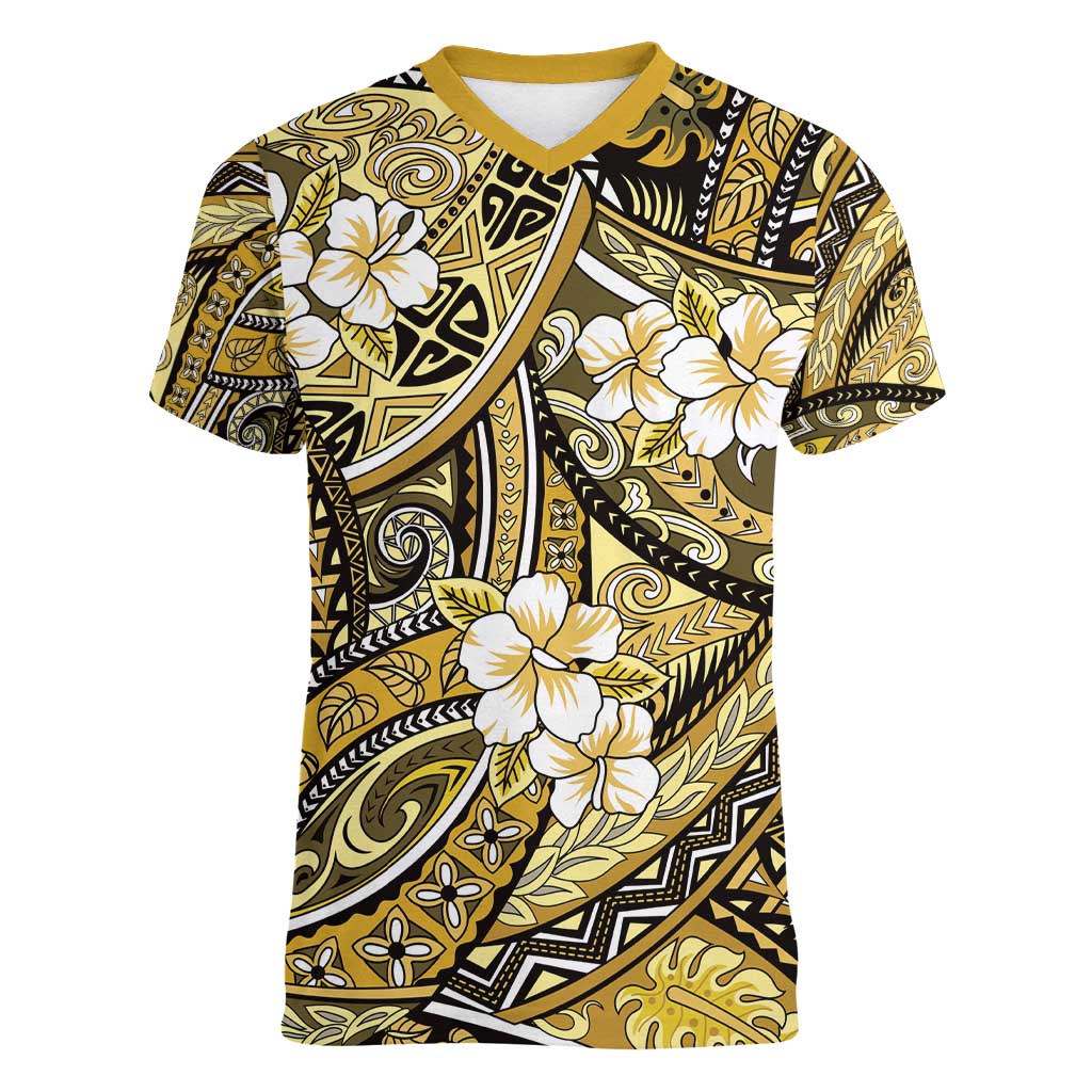Polynesian Hibiscus Tropical Yellow Floral Women V-Neck T-Shirt Tribal Pattern - Polynesian Pride