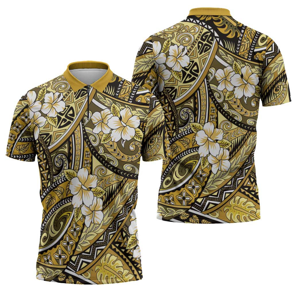 Polynesian Hibiscus Tropical Yellow Floral Zipper Polo Shirt Tribal Pattern LT01 - Polynesian Pride