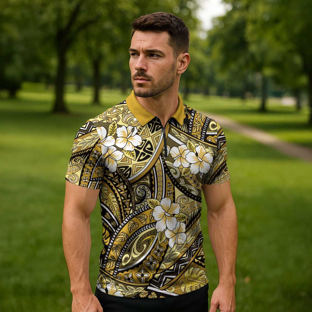 Polynesian Hibiscus Tropical Yellow Floral Zipper Polo Shirt Tribal Pattern LT01 - Polynesian Pride