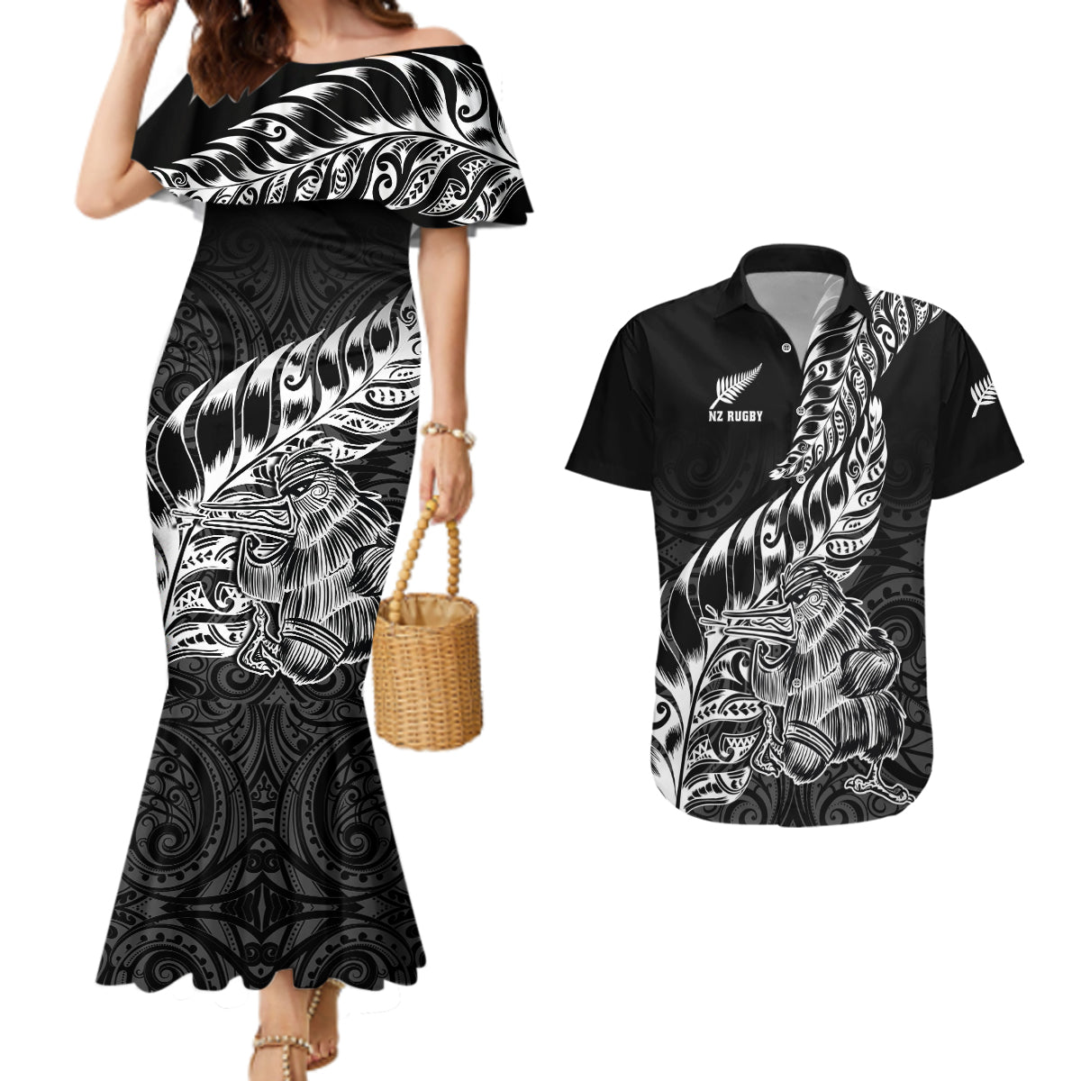 New Zealand Silver Fern Rugby Couples Matching Mermaid Dress and Hawaiian Shirt Aotearoa Kiwi Maori Black Version LT01 Black - Polynesian Pride