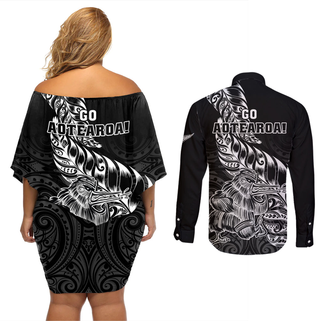 New Zealand Silver Fern Rugby Couples Matching Off Shoulder Short Dress and Long Sleeve Button Shirts Aotearoa Kiwi Maori Black Version LT01 - Polynesian Pride