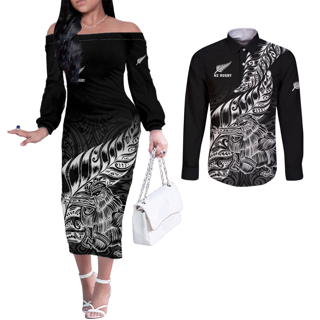 New Zealand Silver Fern Rugby Couples Matching Off The Shoulder Long Sleeve Dress and Long Sleeve Button Shirts Aotearoa Kiwi Maori Black Version LT01 Black - Polynesian Pride