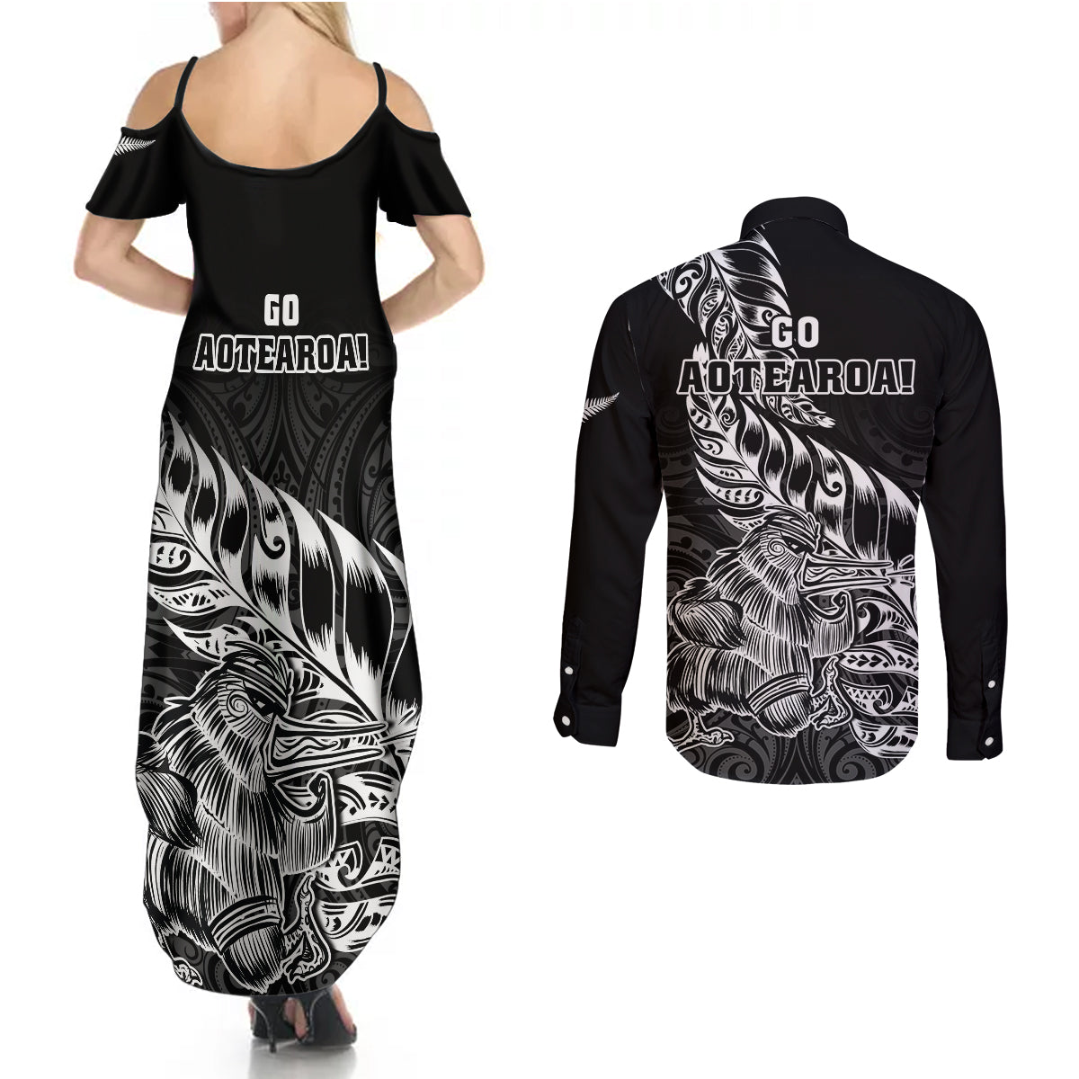 New Zealand Silver Fern Rugby Couples Matching Summer Maxi Dress and Long Sleeve Button Shirts Aotearoa Kiwi Maori Black Version LT01 - Polynesian Pride