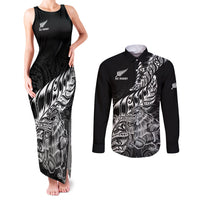 New Zealand Silver Fern Rugby Couples Matching Tank Maxi Dress and Long Sleeve Button Shirts Aotearoa Kiwi Maori Black Version LT01 Black - Polynesian Pride