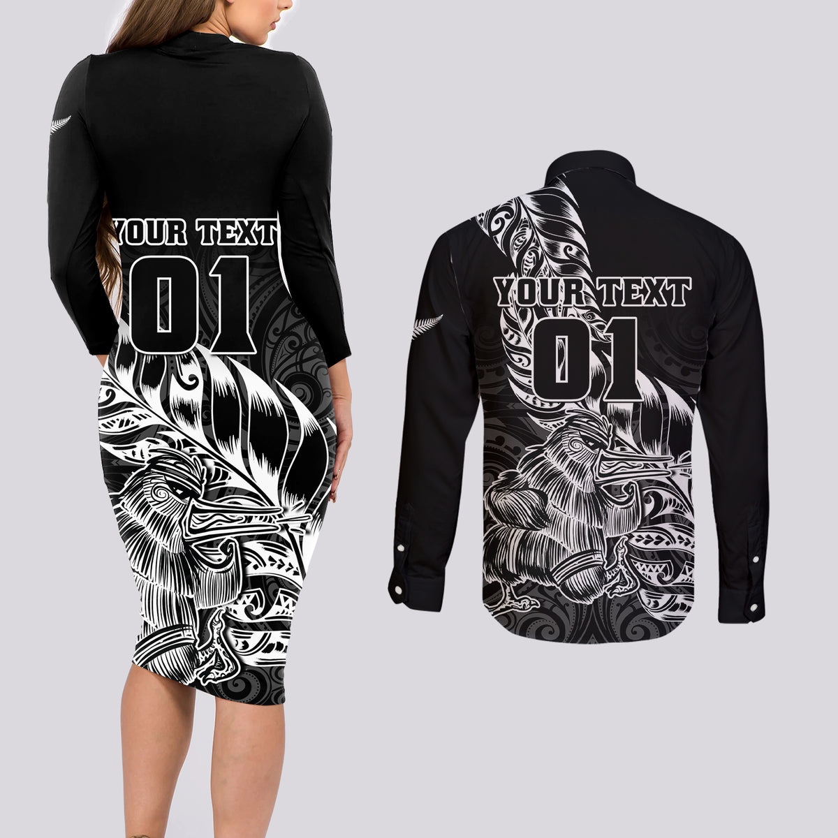 Custom New Zealand Silver Fern Rugby Couples Matching Long Sleeve Bodycon Dress and Long Sleeve Button Shirts Aotearoa Kiwi Maori Black Version LT01 - Polynesian Pride