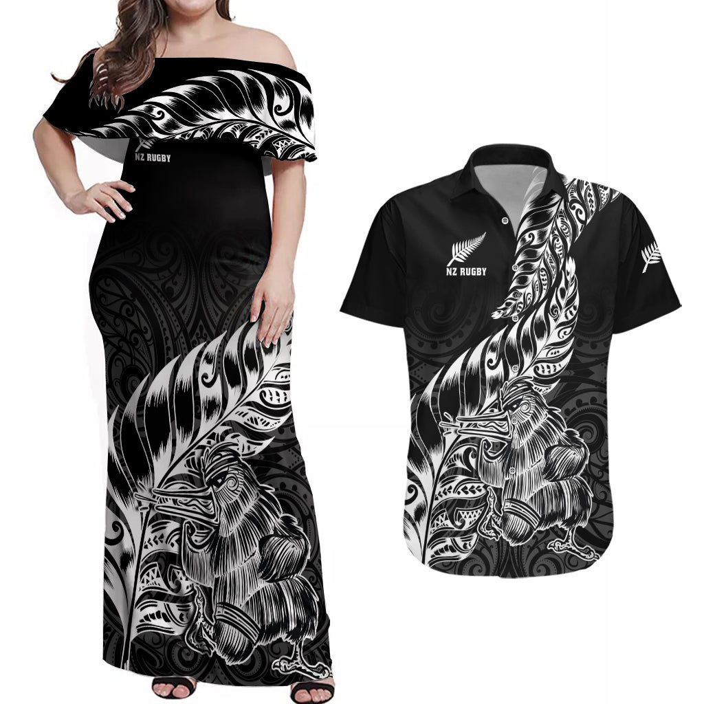 Custom New Zealand Silver Fern Rugby Couples Matching Off Shoulder Maxi Dress and Hawaiian Shirt Aotearoa Kiwi Maori Black Version LT01 Black - Polynesian Pride