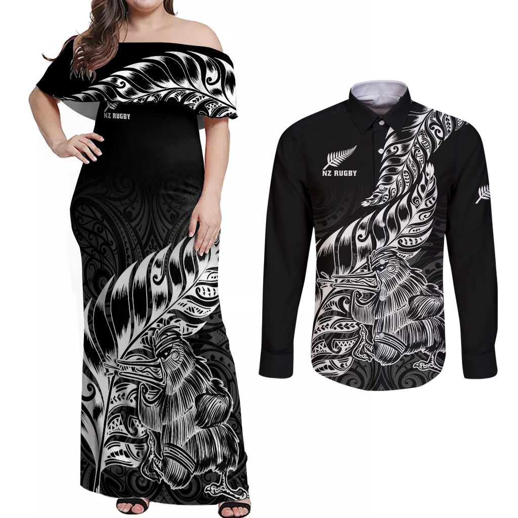 Custom New Zealand Silver Fern Rugby Couples Matching Off Shoulder Maxi Dress and Long Sleeve Button Shirts Aotearoa Kiwi Maori Black Version LT01 Black - Polynesian Pride