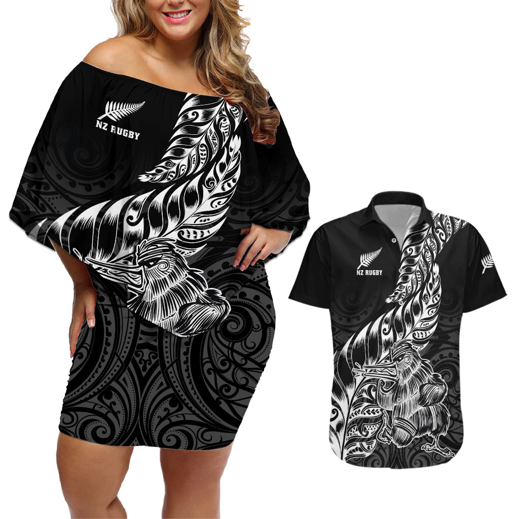 Custom New Zealand Silver Fern Rugby Couples Matching Off Shoulder Short Dress and Hawaiian Shirt Aotearoa Kiwi Maori Black Version LT01 Black - Polynesian Pride