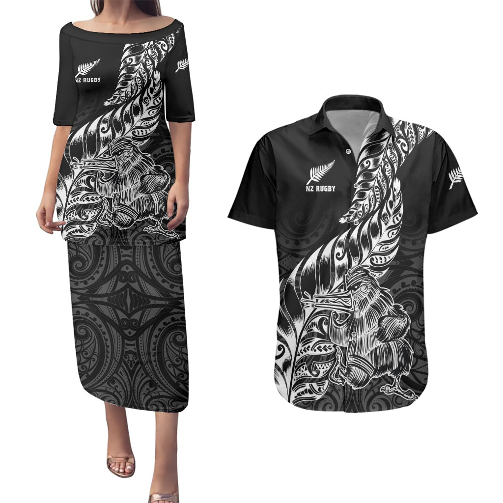 Custom New Zealand Silver Fern Rugby Couples Matching Puletasi Dress and Hawaiian Shirt Aotearoa Kiwi Maori Black Version LT01 Black - Polynesian Pride