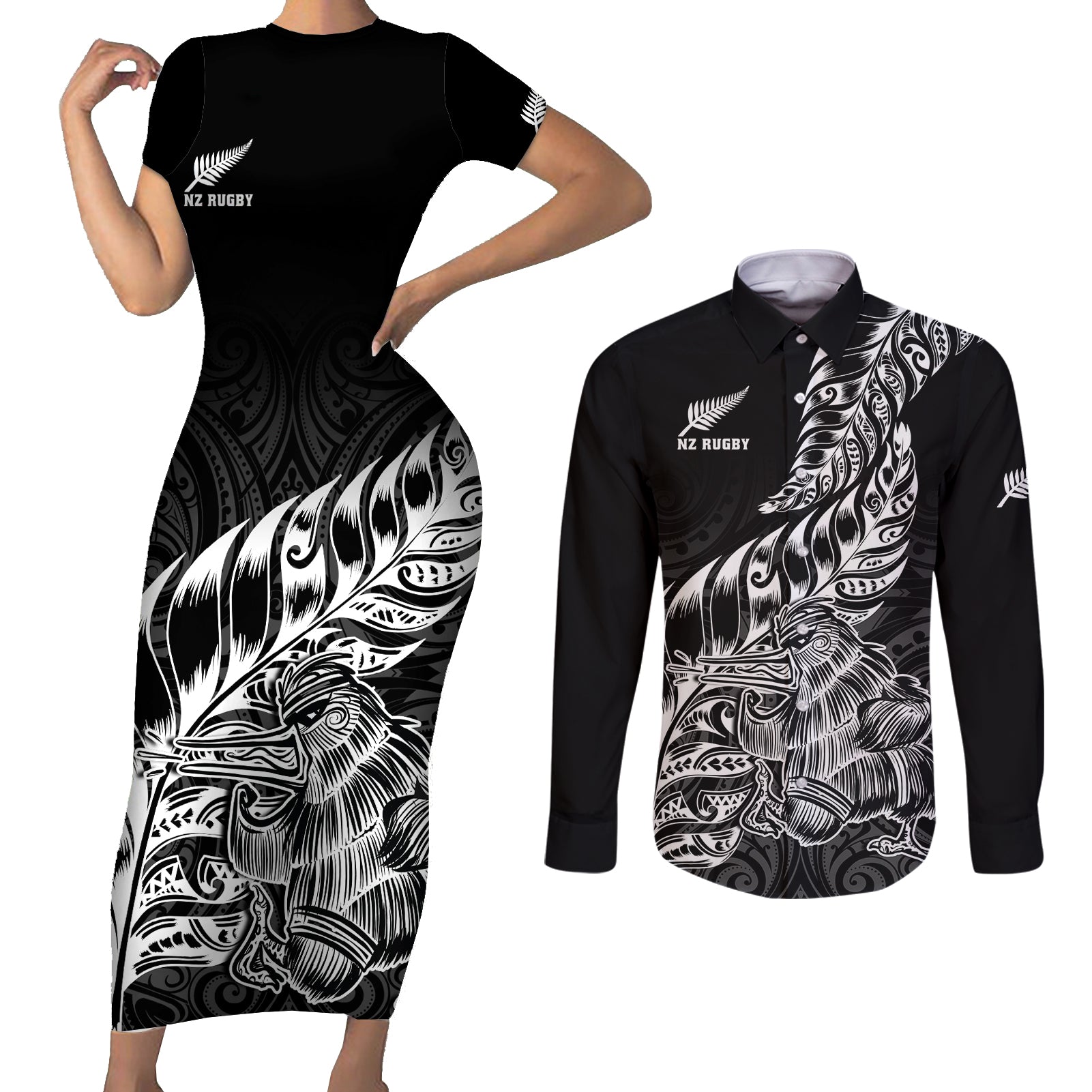 Custom New Zealand Silver Fern Rugby Couples Matching Short Sleeve Bodycon Dress and Long Sleeve Button Shirts Aotearoa Kiwi Maori Black Version LT01 Black - Polynesian Pride