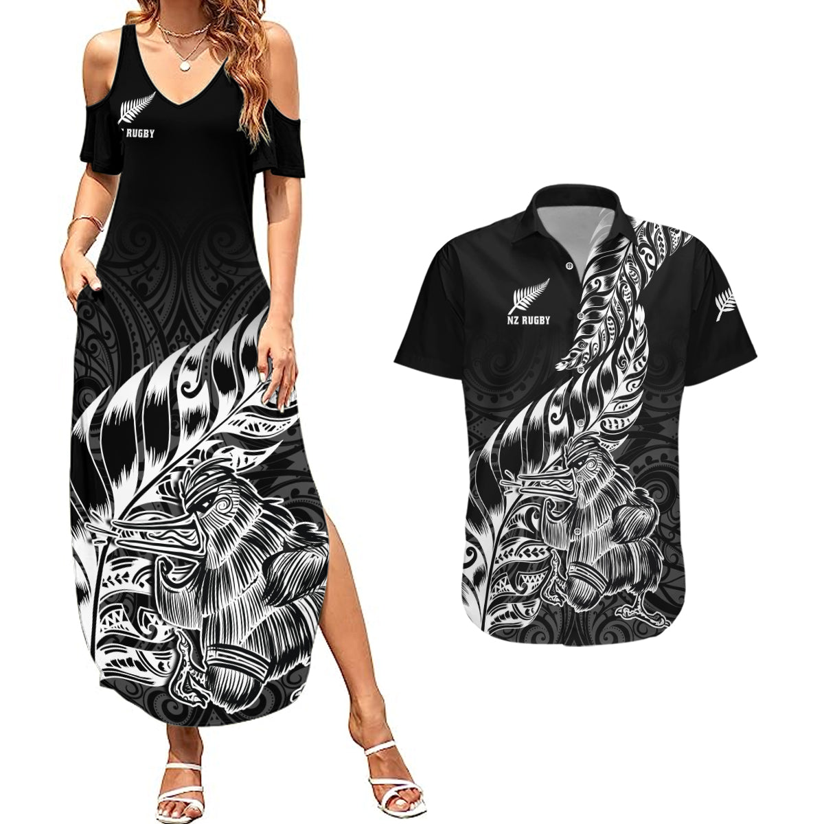 Custom New Zealand Silver Fern Rugby Couples Matching Summer Maxi Dress and Hawaiian Shirt Aotearoa Kiwi Maori Black Version LT01 Black - Polynesian Pride