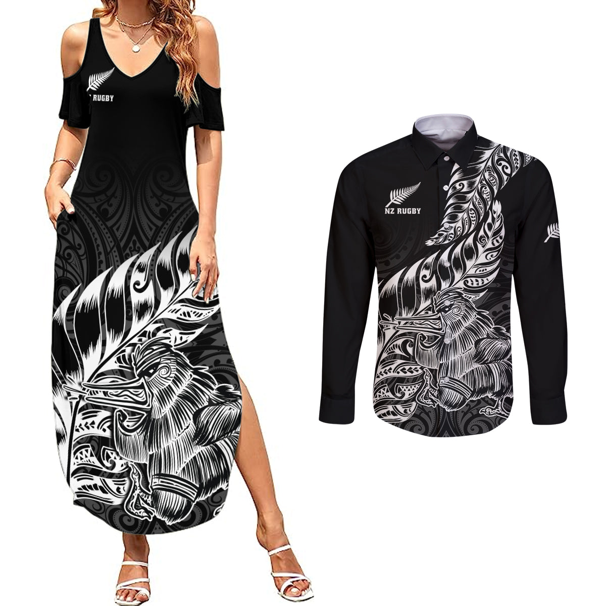 Custom New Zealand Silver Fern Rugby Couples Matching Summer Maxi Dress and Long Sleeve Button Shirts Aotearoa Kiwi Maori Black Version LT01 Black - Polynesian Pride