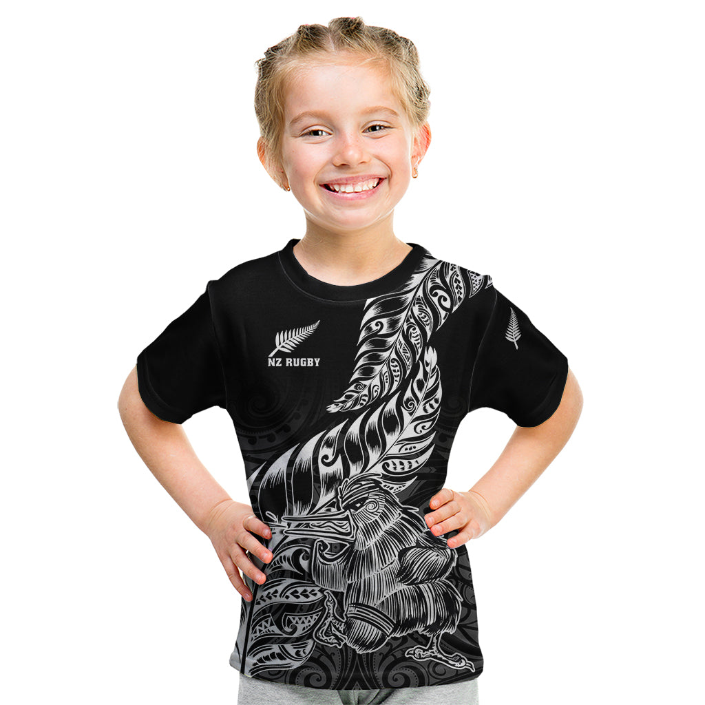 Custom New Zealand Silver Fern Rugby Kid T Shirt Aotearoa Kiwi Maori Black Version LT01 Black - Polynesian Pride