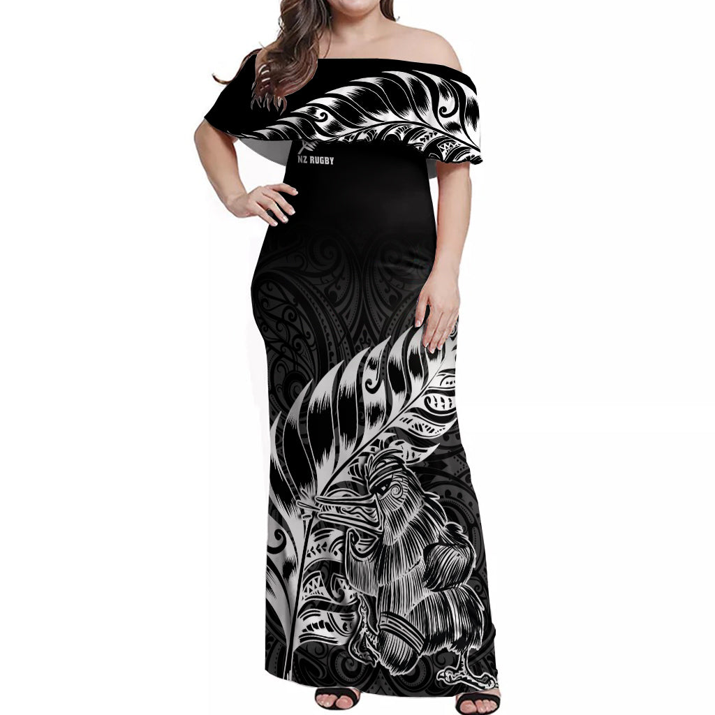 Custom New Zealand Silver Fern Rugby Off Shoulder Maxi Dress Aotearoa Kiwi Maori Black Version LT01 Women Black - Polynesian Pride