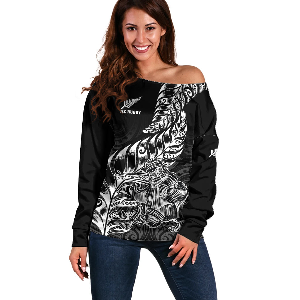 Custom New Zealand Silver Fern Rugby Off Shoulder Sweater Aotearoa Kiwi Maori Black Version LT01 Women Black - Polynesian Pride