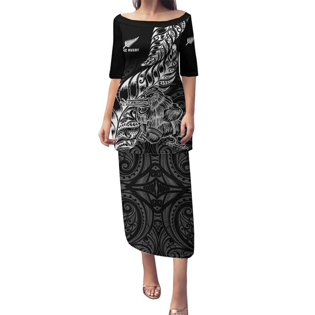 Custom New Zealand Silver Fern Rugby Puletasi Aotearoa Kiwi Maori Black Version LT01 Long Dress Black - Polynesian Pride